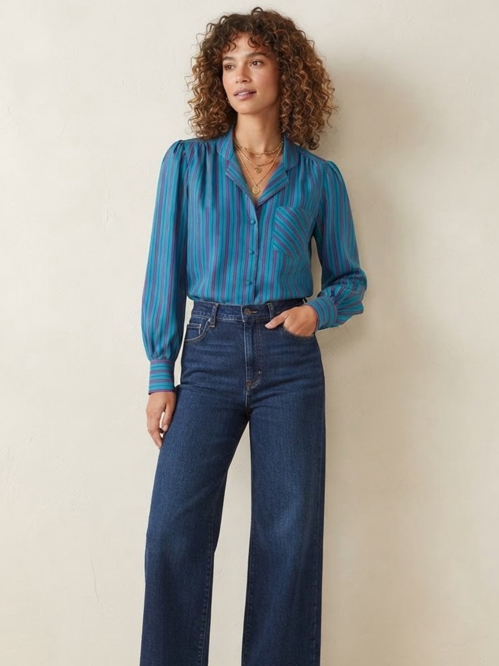 Vintage 80s Josephine Turquoise & Magenta Striped Long Sleeve Button-Down Blouse